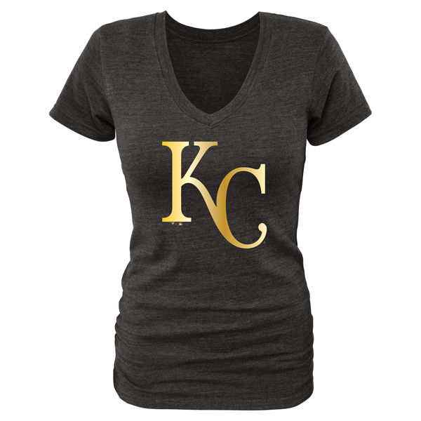 2020 MLB Kansas City Royals Women Gold Collection TriBlend VNeck TShirt  Black->mlb t-shirts->Sports Accessory